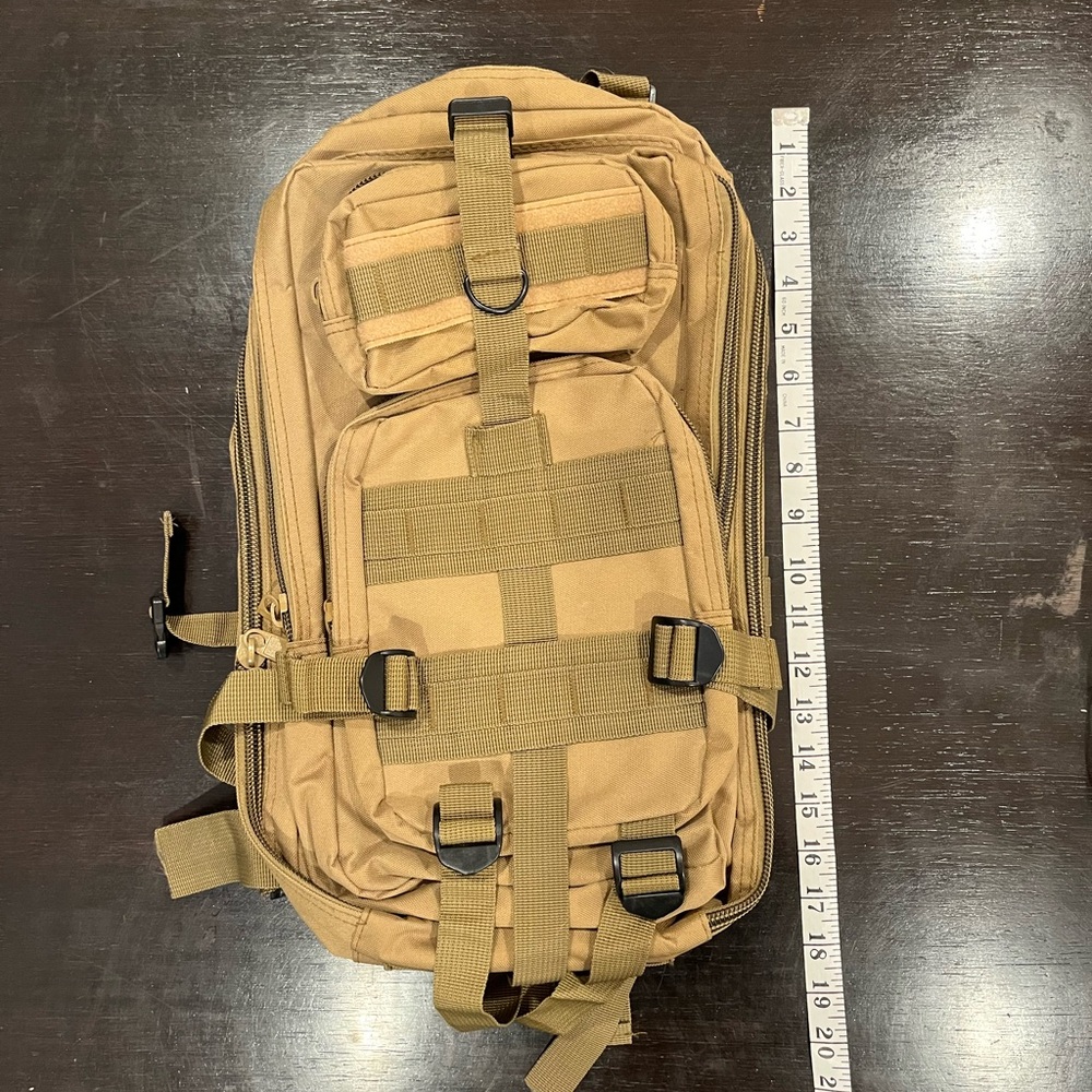 Men's Tan Tactical Backpack With Many Straps and Pockets